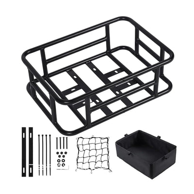 Vanpowers rear cargo rack basket complete kit - rack, bag, bungee net, and mounting hardware on white background