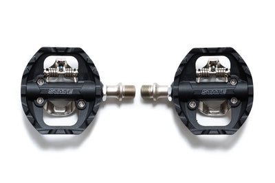 State Bicycle Co. All-Road platform clipless combo pedal top view showing SPD cleat mechanism and textured grip surface
