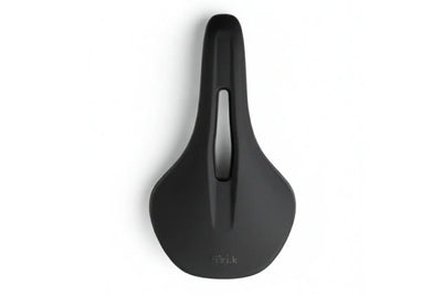 Fizik Vento Antares R5 road saddle 150mm in black, three-quarter top view showing center channel and wing flex design