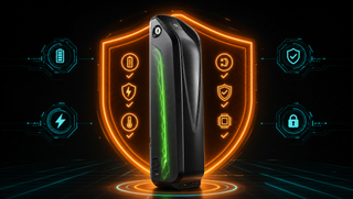 Certified e-bike lithium battery pack inside a glowing protective shield ringed with safety check icons