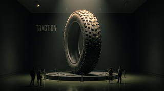 A fat electric bike tire displayed at monumental scale in a darkened gallery, lit by a single spotlight, with visitors standing below for scale