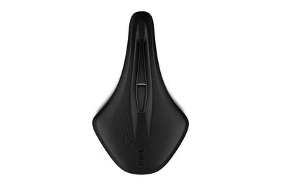 Fizik Terra Argo X7 gravel saddle 150mm in black, three-quarter top view showing short-nose design and center cutout