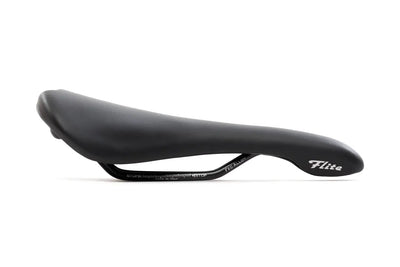 Selle Italia Flite 1990 saddle in black, three-quarter rear view showing classic narrow race shape with titanium rails