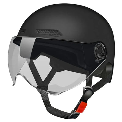 Vanpowers integrated goggles cycling helmet - matte black front-angle view with clear visor and adjustable chin strap