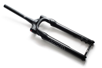 State Bicycle All-Road suspension gravel fork 40mm travel — 3/4 angled view with SBC logo and thru-axle