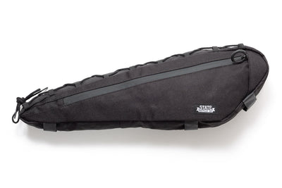 State Bicycle Co. Klunker frame bag in black with diagonal waterproof zipper, bungee cord lacing, and logo patch