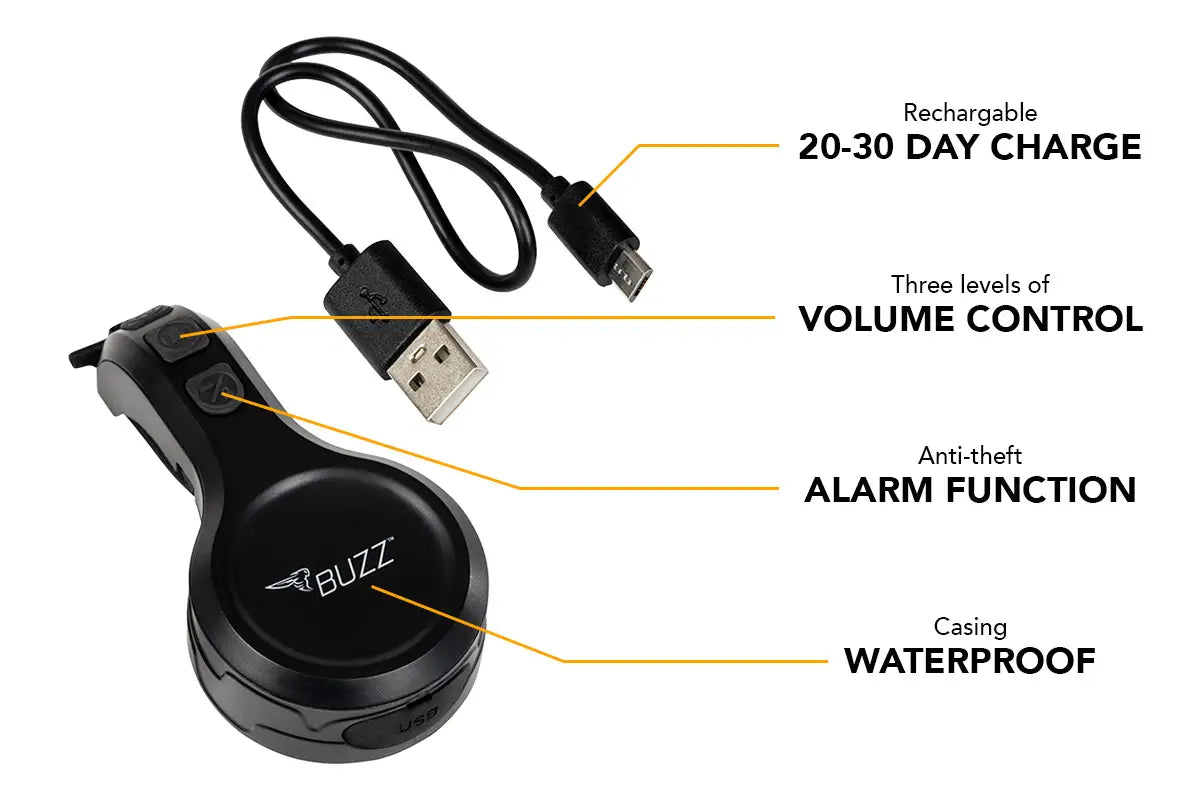 BUZZ RECHARGEABLE E-BIKE BELL AND ANTI-THEFT ALARM, BLACK 