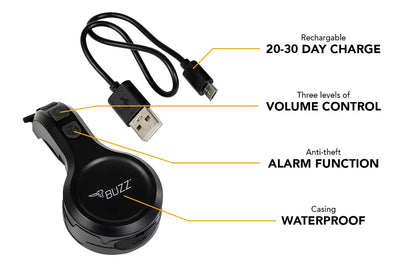 BUZZ RECHARGEABLE E-BIKE BELL AND ANTI-THEFT ALARM, BLACK 