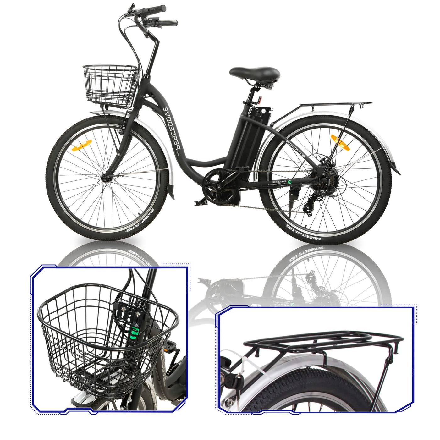 ECOTRIC BIKES 26" Black Peacedove Electric City Bike with Basket and Rear Rack