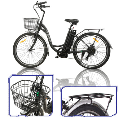 ECOTRIC BIKES 26" Black Peacedove Electric City Bike with Basket and Rear Rack