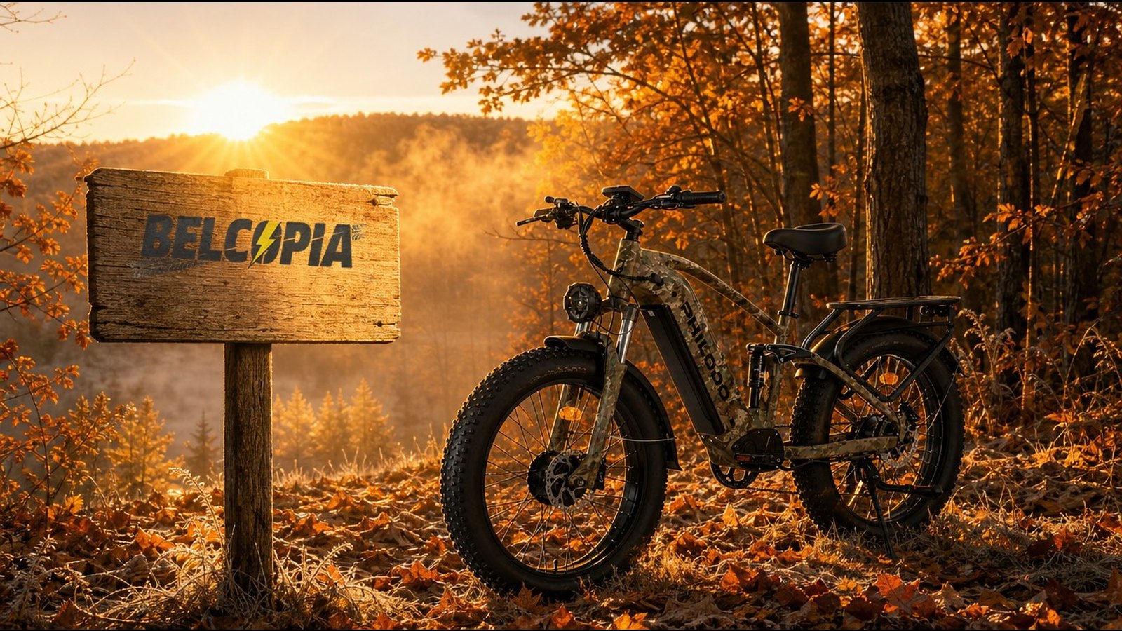 Philodo Falcon hunting e-bike at sunrise beside a Belcopia trail sign